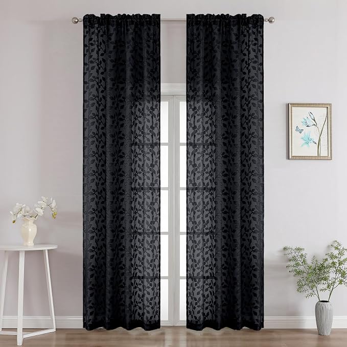 Chyhomenyc Black Sheer Curtains 96 Inch Length 2 Panels Set, Light Filtering by Chyhomenyc