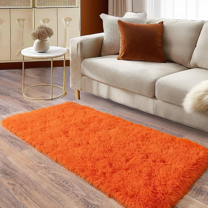 Soft Runner Rugs for Bedroom Hallways, 2x4 Orange Fluffy Shag Throw Area Rug - Image 2