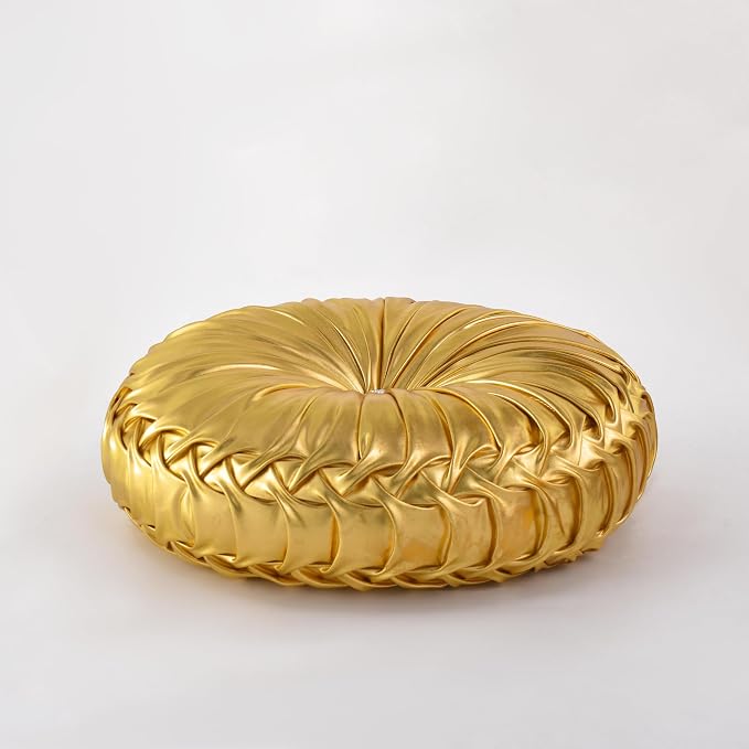 HIG Set of 2 Handcrafted Gold Ruched Round Throw Pillows – 14.5’’ Metallic - Image 6