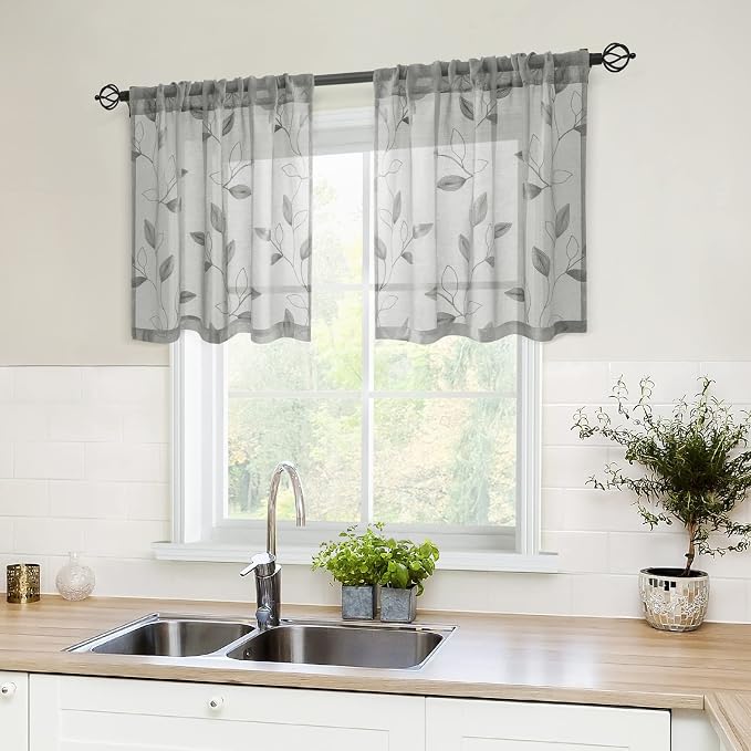 HOMEIDEAS Grey Sheer Kitchen Curtains 30 X 24 Inch Length 2 Panels Embroidered - Image 4