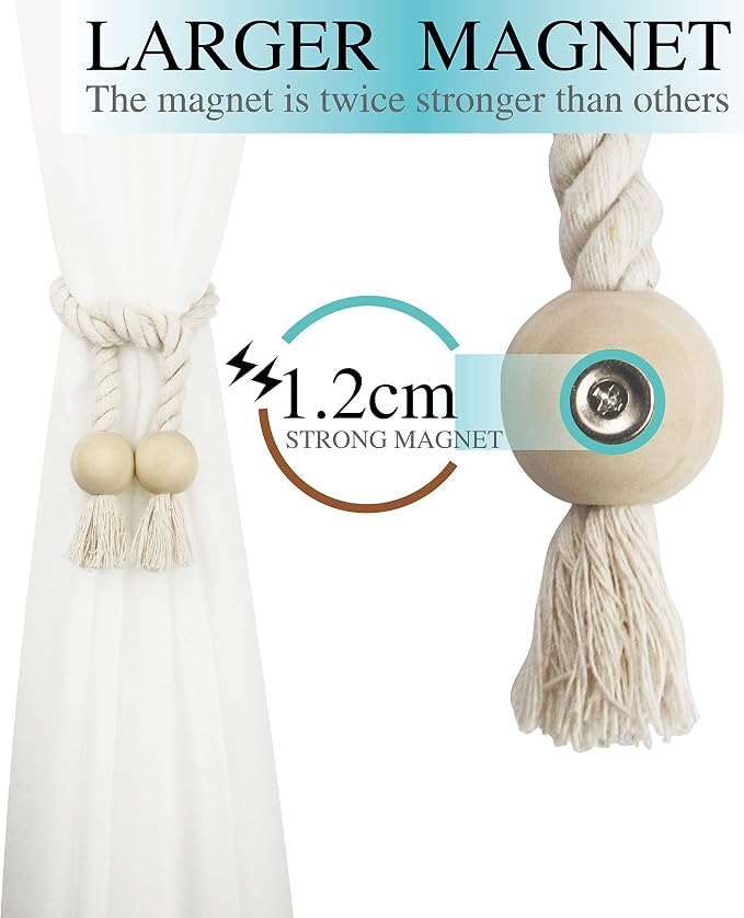 2 Pack Magnetic Curtain Tiebacks Cotton Hand Woven Tie Back Decorative Rope - Image 4
