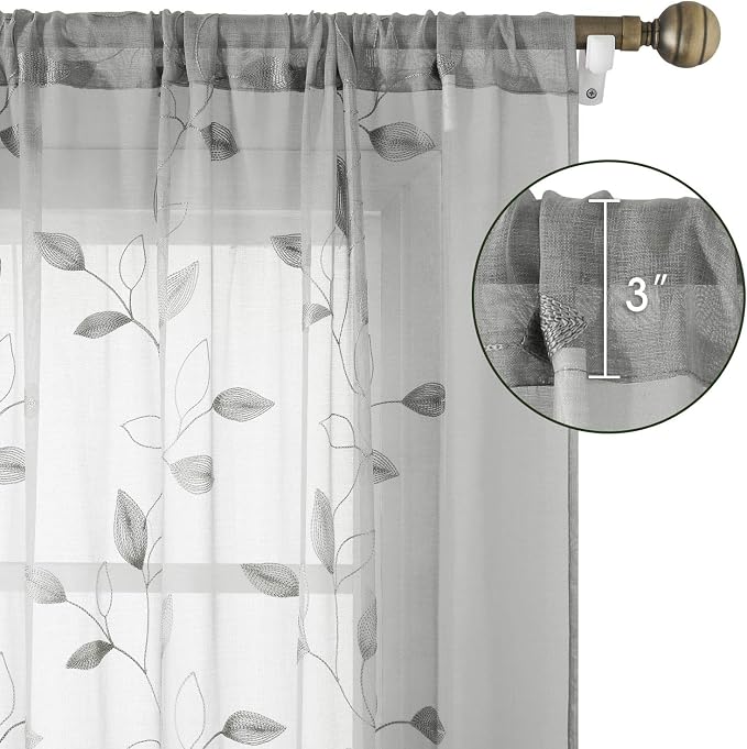 HOMEIDEAS Grey/Gray Sheer Kitchen Curtains 52 x 54 Inch Length 2 Panels - Image 3
