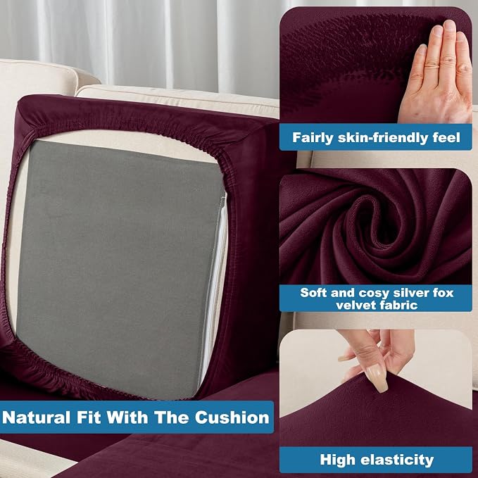 Couch Cover 3-Piece Elastic Velvet Couch Cushion Covers & Chaise Slipcovers - Image 5