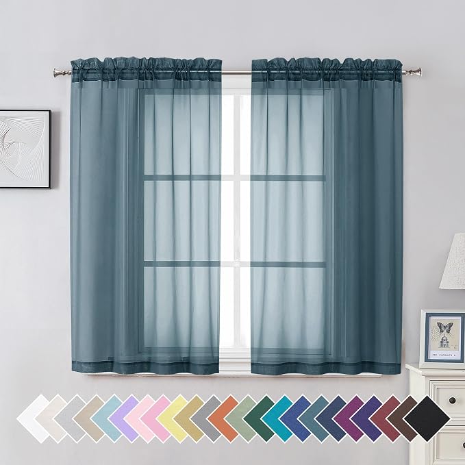 Aiyufeng Dusty Blue Sheer Curtains 45 inches Long, Short Kitchen Window by Aiyufeng