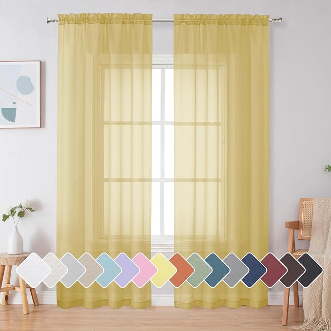 Simplebrand Yellow Sheer Curtains 84 Inches Long, Light Filtering Rod Pocket by Simplebrand