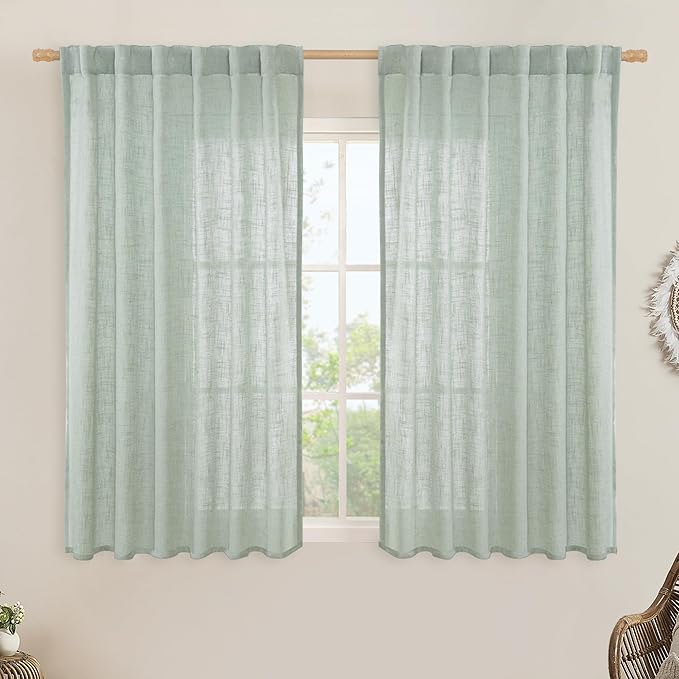 LAMIT Semi Sheer Linen Curtains 54 Inch Length 2 Panels, Light Sage Light by LAMIT