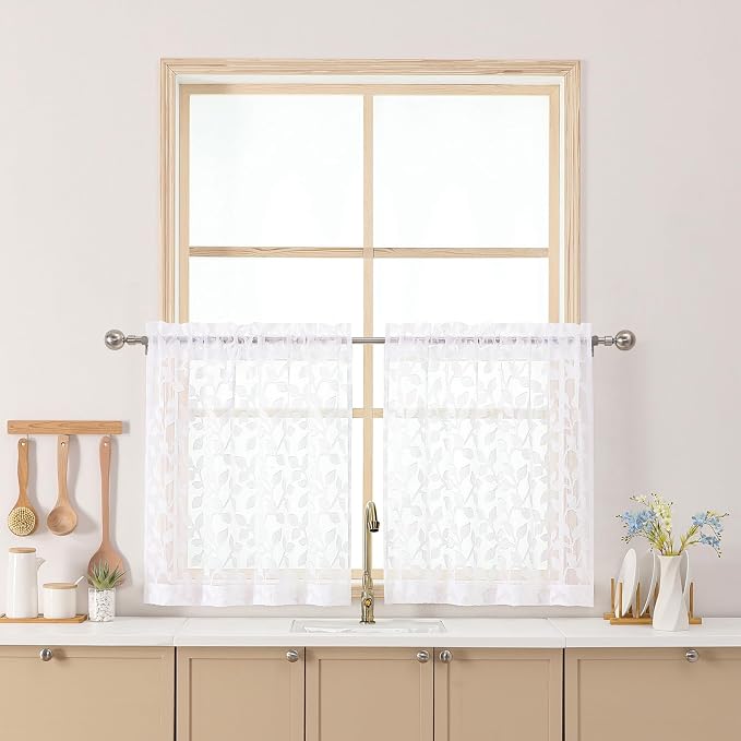 Chyhomenyc White Sheer Curtains 24 Inch Length, Light Filtering Leaf Tufted by Chyhomenyc