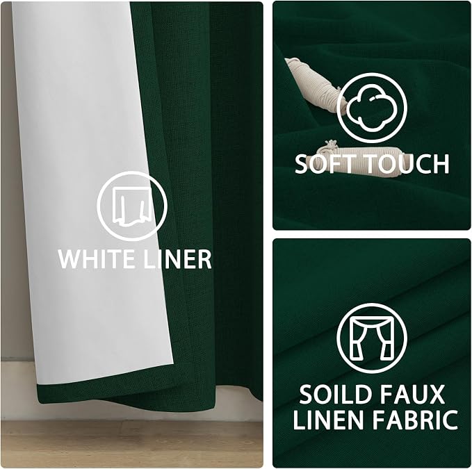 Yakamok Dark Green Linen Curtains 100% Blackout 84 Inches Long, Room Darkening - Image 6