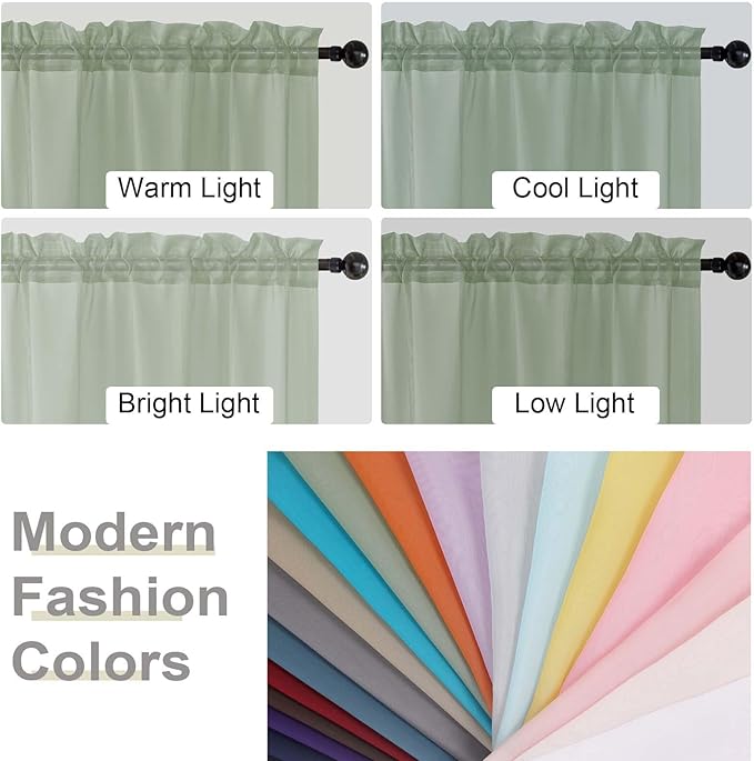 Kitchen Curtains 24 Inch Length Tier 2 Pieces, Sage Green Sheer Curtain Solid - Image 5