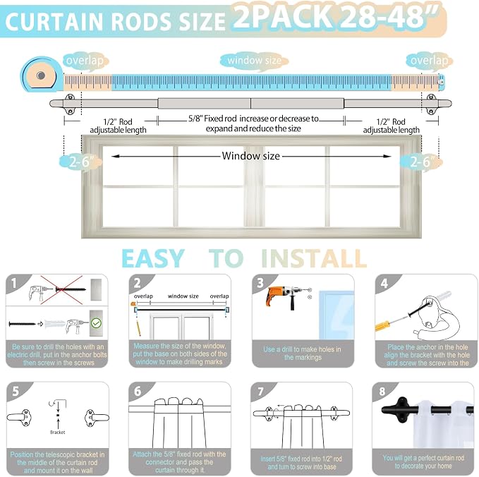 TVWOO 2 Pack Wrap Around Curtain Rods, 28 to 48 Inch, 5/8 Inch Adjustable - Image 7