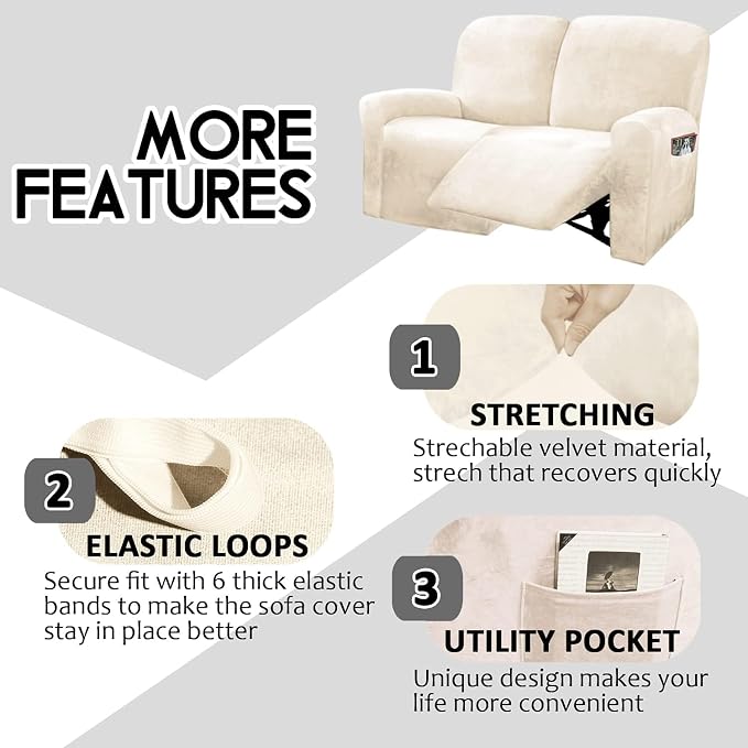 ULTICOR Reclining Love Seat Slipcover, 6-Piece Velvet Stretch Loveseat - Image 5