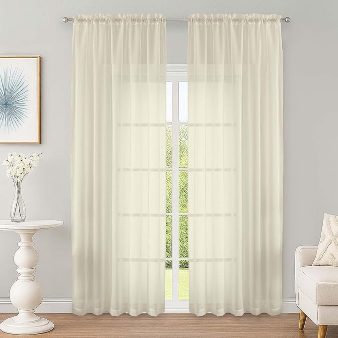 OWENIE Cream Sheer Curtain 90 Inches Long 2 Panels Set, Solid Filmy Drapes by OWENIE