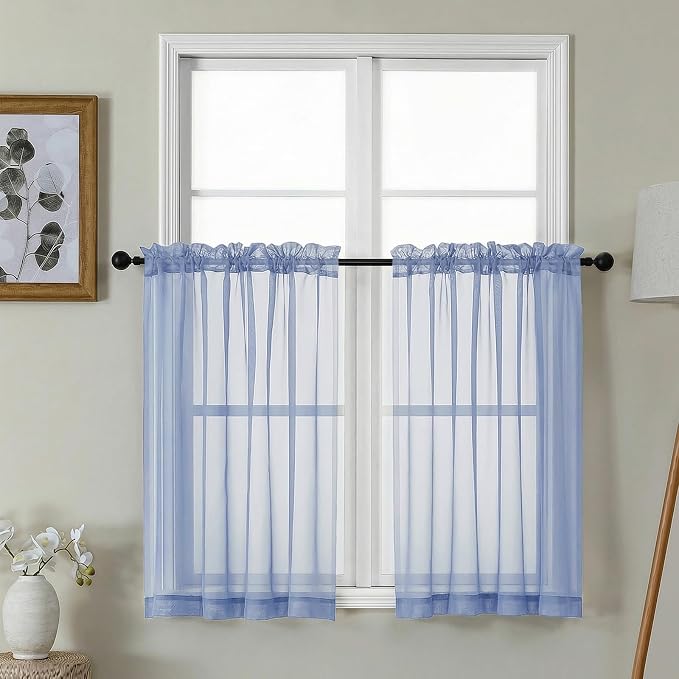 Gwine Denim Blue Sheer Kitchen Curtains 36 Inch Length by Gwine