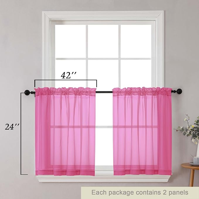 Kitchen Curtains 24 Inch Length Tier 2 Pieces, Hot Pink Sheer Curtain Solid - Image 2