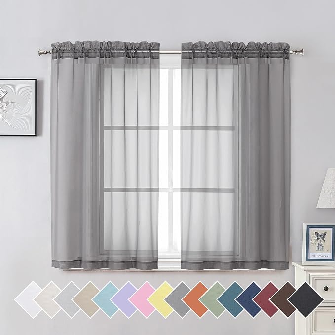 Aiyufeng 2 Piece Grey Short Sheer Curtains 45 Inch Length, Light Filtering by Aiyufeng