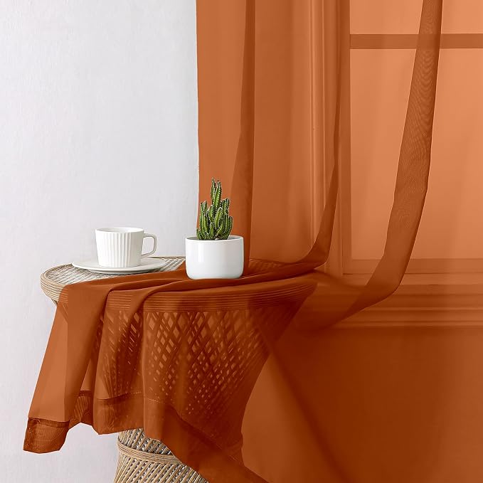 Lecloud Orange Sheer Curtains 54 Inch Length 2 Panels, Voile Light Filtering - Image 3