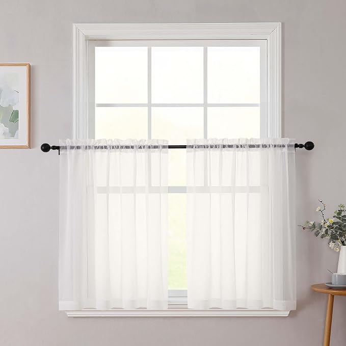 Ivory Kitchen Curtains 30 Inch Length Tier 2 PCS, Solid Soft Airy Half Curtains by WelvetBLK