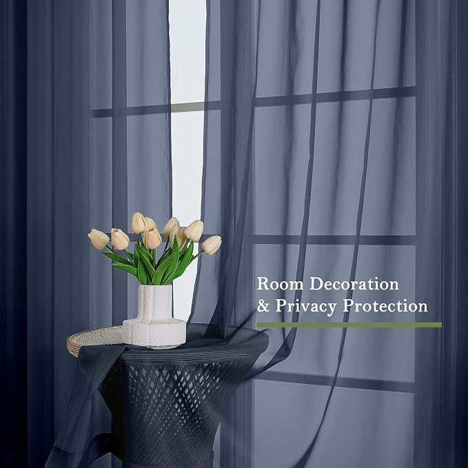 Lecloud Navy Blue Sheer Curtains 96 Inches Long 2 Pcs, Light Filtering Window - Image 4