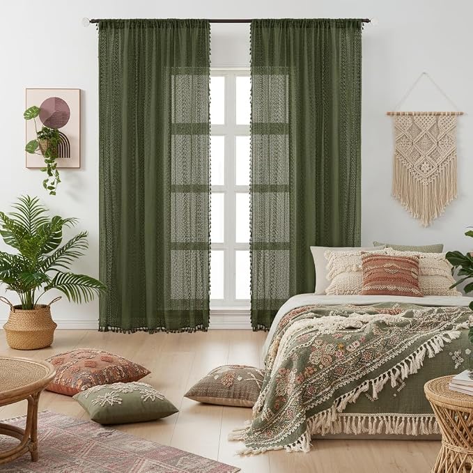WAZZIO Boho Lace Curtains 84 Inches 2 Panel, Light Filtering Privacy Tassel & by WAZZIO