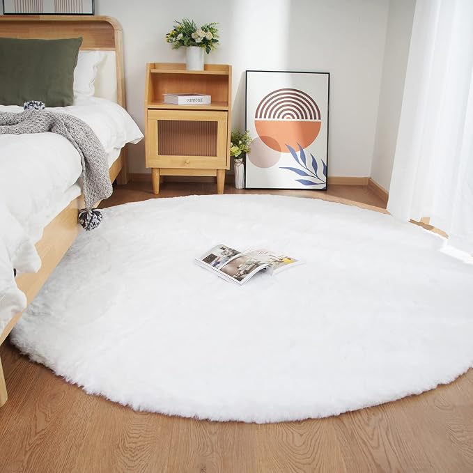 Ghouse Faux Rabbit Fur Round Rug 4ft White Round Rugs - Image 2