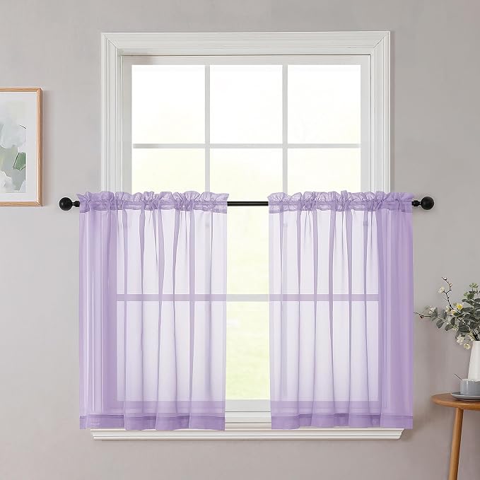 Lavender Kitchen Curtains 30 Inch Length Tier 2 PCS, Solid Soft Airy Half by WelvetBLK