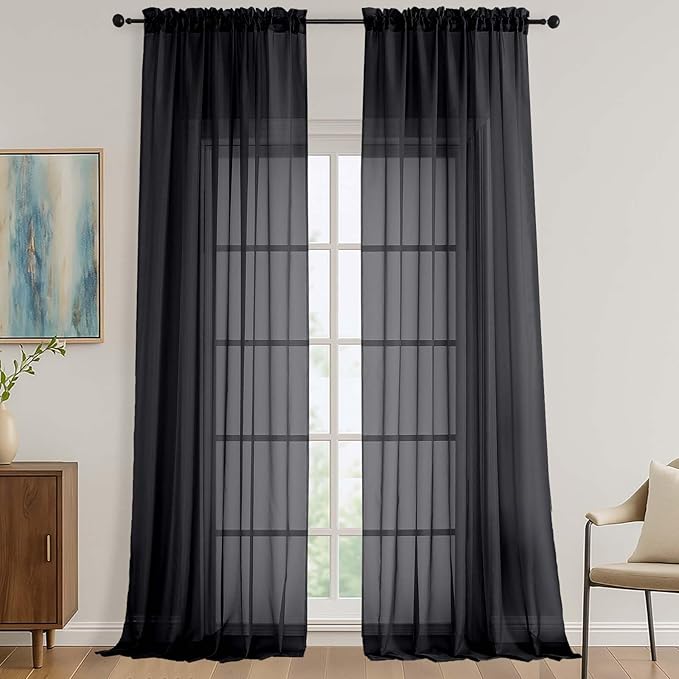 OVZME Black Sheer Curtains 108 Inches Long 2 Panels Set, 59 Inch Extra Wide by OVZME