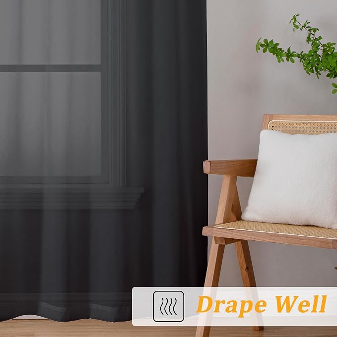 Gwine Black Sheer Curtains 90 Inches Long 2 Panels Set, Light Filtering Solid - Image 6