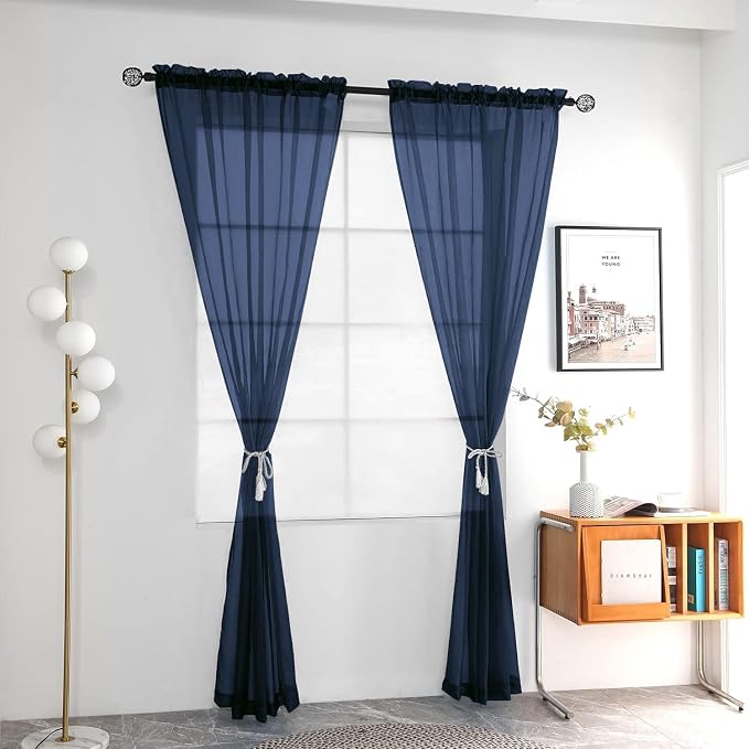 youleyar Solid Sheer Rod Pocket Curtain Voile Draperies 2 Panels White Beige - Image 2