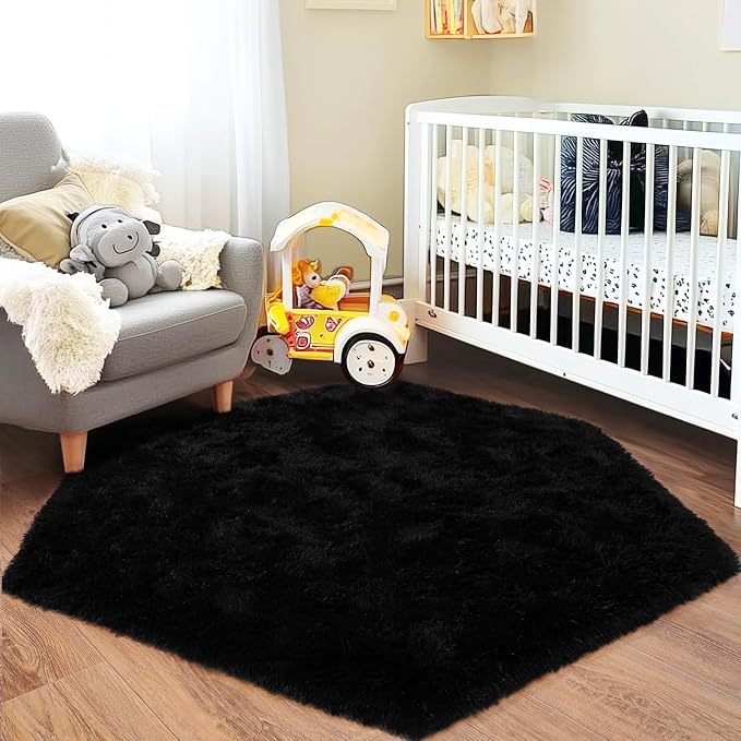 4x4.6 Feet Black Hexagon Rugs for Bedroom, Ultra Soft Fluffy Hexagon Area Rug - Image 8