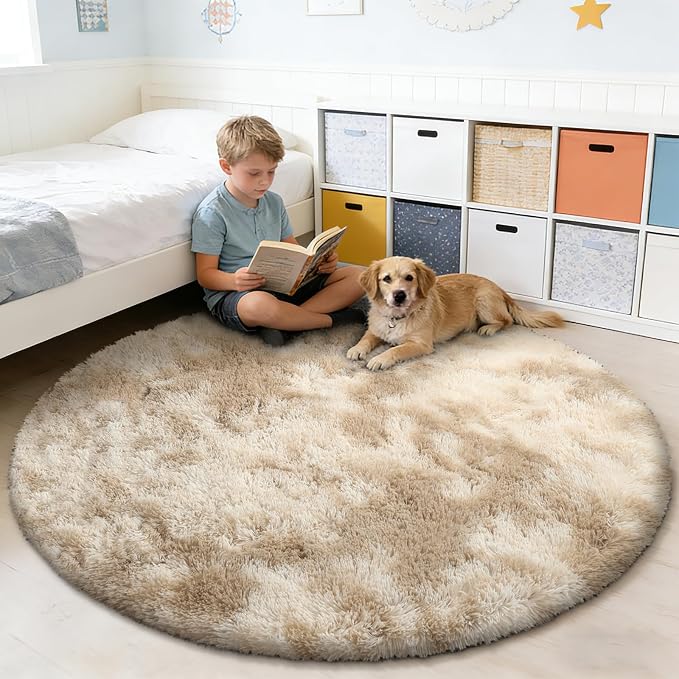 Tie-Dyed Beige Fluffy Round Rug, Soft Area Rugs - Image 5
