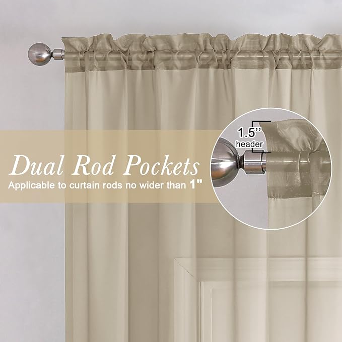 Lecloud Taupe Sheer Curtains 120 Inches Long 2 Panels Set, Rod Pockets Light - Image 6