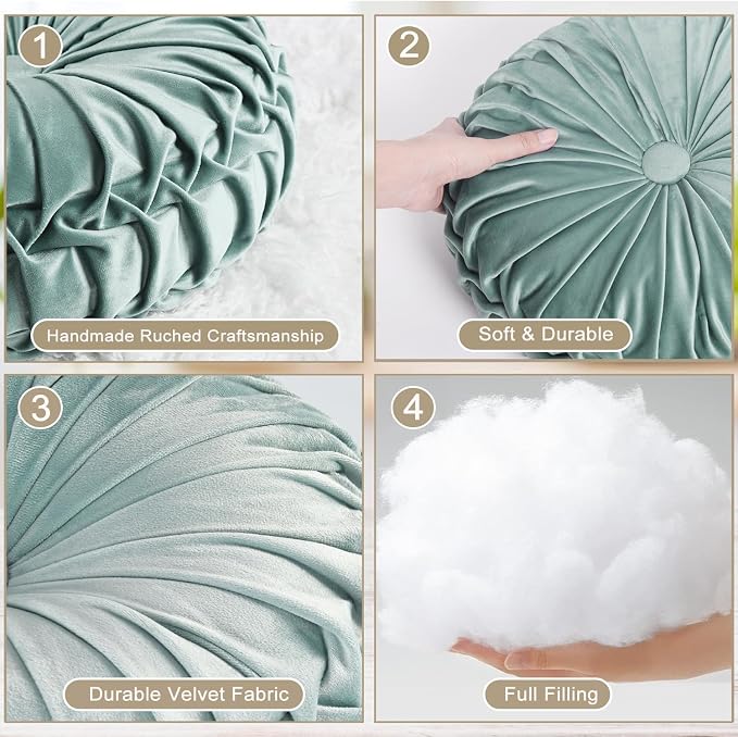 HIG Set of 2 Aqua Ruched Velvet Round Throw Pillows – 14.5’’ Decorative Pillows - Image 3