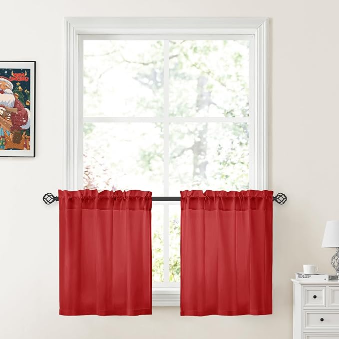 HOMEIDEAS Christmas Non-See-Through Red Privacy Sheer Kitchen Curtains by HOMEIDEAS
