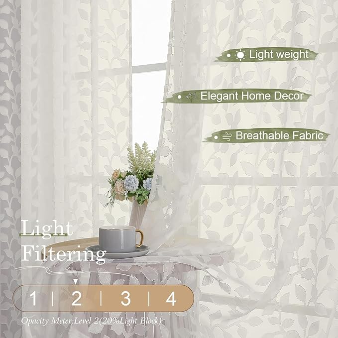 Chyhomenyc Ivory Sheer Curtains 63 Inch Length 2 Panels Set, Light Filtering - Image 2