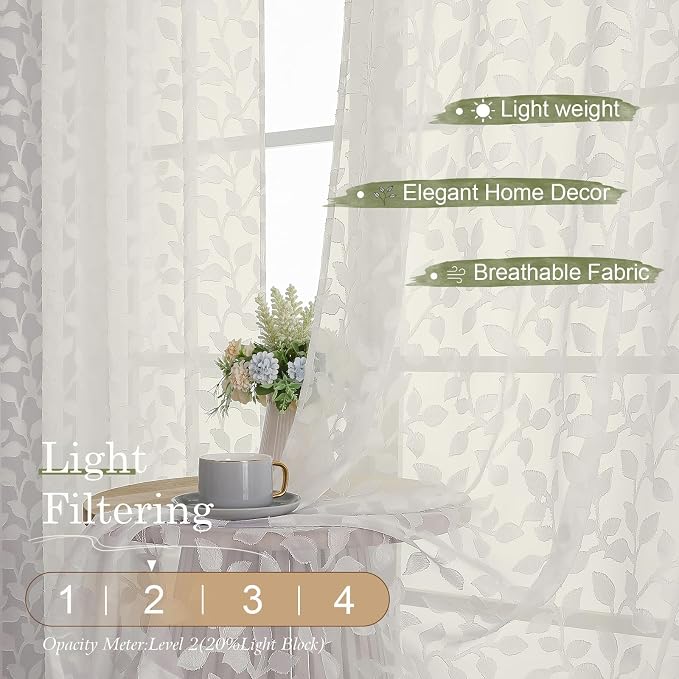 Chyhomenyc Ivory Sheer Curtains 96 Inch Length 2 Panels Set, Light Filtering - Image 2