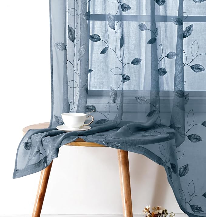 HOMEIDEAS Stone Blue Floral Sheer Curtains 84 Inches Long 2 Panels Embroidered by HOMEIDEAS