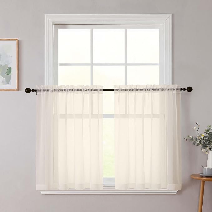 Cream Kitchen Curtains 30 Inch Length Tier 2 PCS, Solid Soft Airy Half Curtains by WelvetBLK