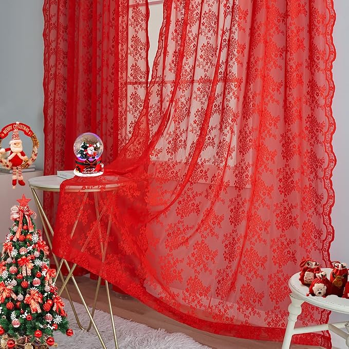 YJ YANJUN Vintage Lace Curtains 96 Inches Long-Victorian Floral Pattern Red - Image 4