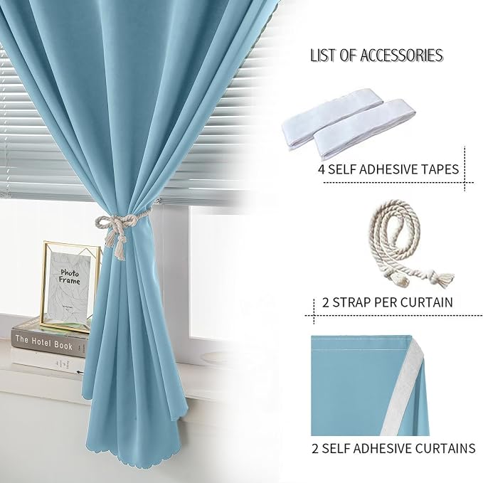Self Adhesive Curtains, Use for Bedroom, Lake Blue, 2 Panels - Image 2