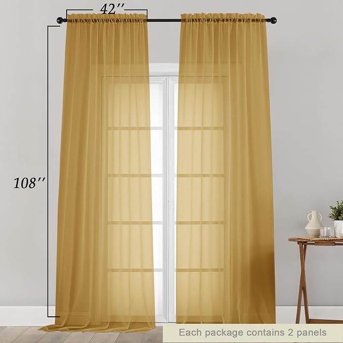 Extra Long Sheer Gold Curtains for Bedroom Living Room 108 Inches Long 2 Panels - Image 2