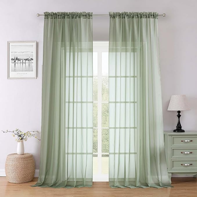 Lecloud Sage Green Sheer Curtains 96 Inches Long 2 Panels, Solid Airy Voile by Lecloud