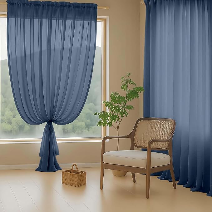 Navy Blue Sheer Curtains 63 Inch Length 2 Panels, Voile Sheer Curtain - Image 8