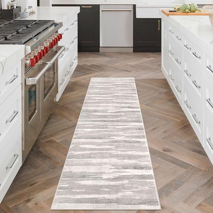 Lansny Modern Abstract Runner Rug 2x6, Neutral Light Beige and Grey Washable - Image 2