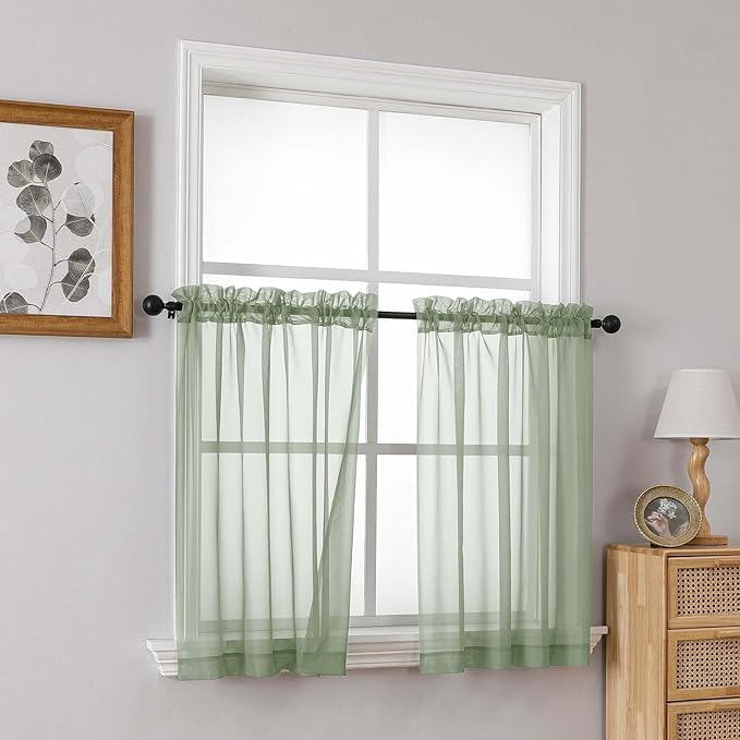 Sage Green Small Sheer Curtains Tier 24 Inches Length 2 Pieces, Light Filtering - Image 8