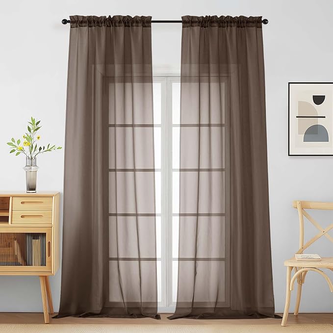 Chocolate Sheer Curtains for Window 96 Inches Long 2 Panels Set, Soft Airy by Home