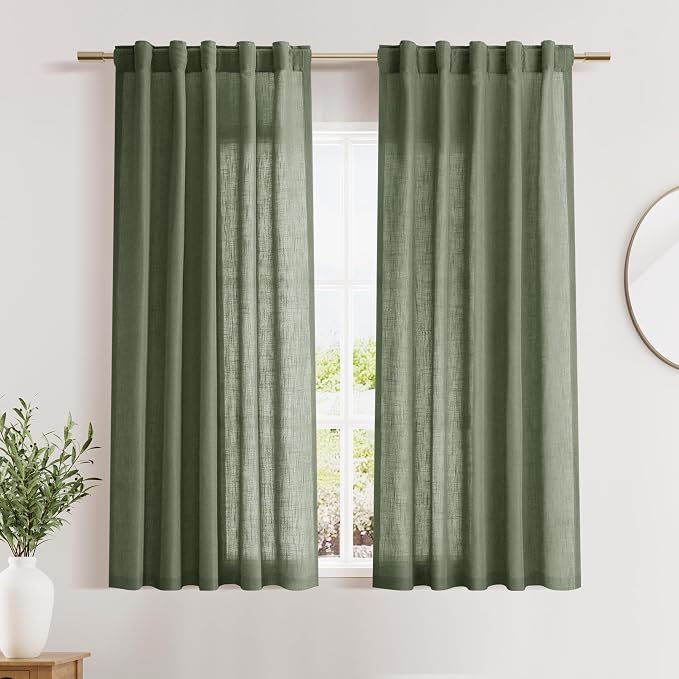 Nanspring Olive Green Linen Sheer Back Tab Curtains 45 Inch Length Semi Sheer by Nanspring