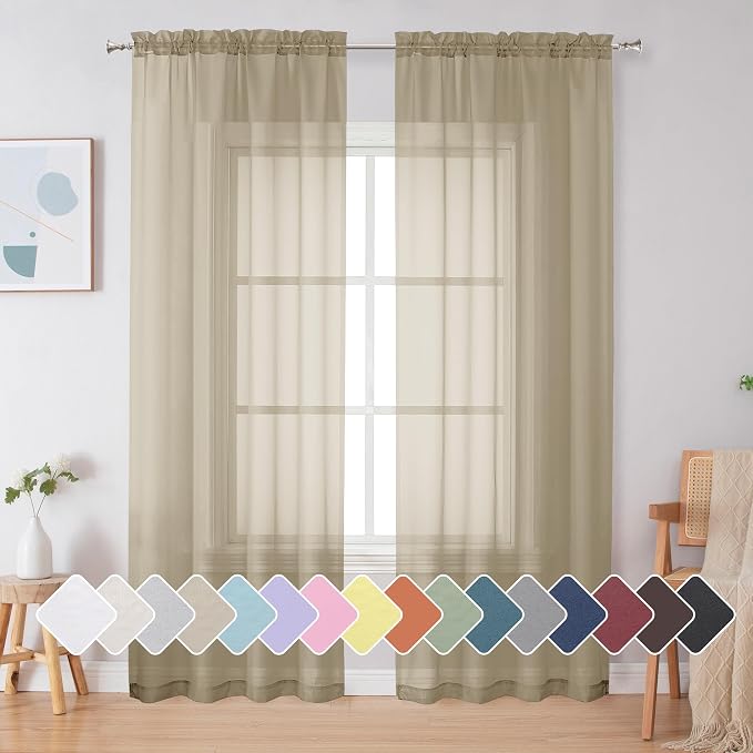 Simplebrand Taupe Sheer Curtains 84 Inches Long 2 Panels, Light Filtering Rod by Simplebrand