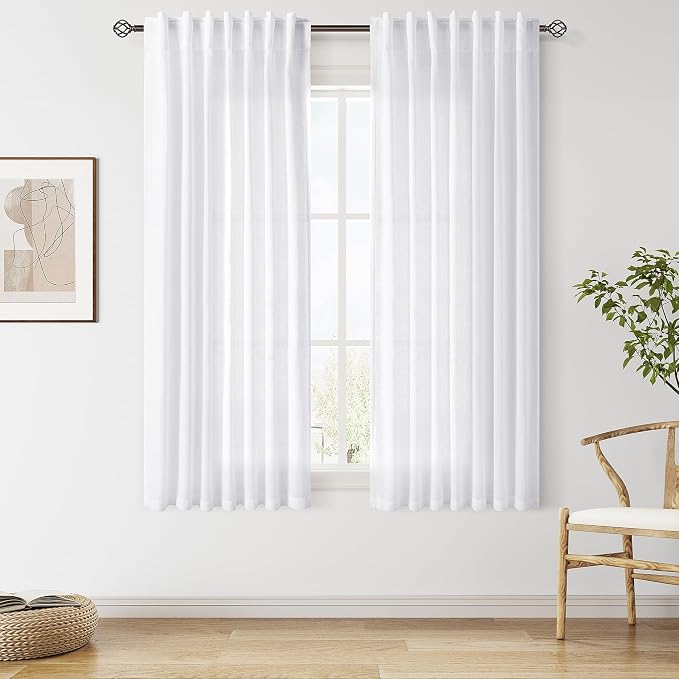Snow White Linen Curtains 63 Inch Length by Nanspring