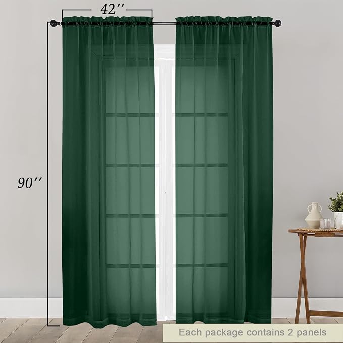 Sheer Hunter Green Curtains for Bedroom Living Room 90 Inches Long 2 Panels Set - Image 2