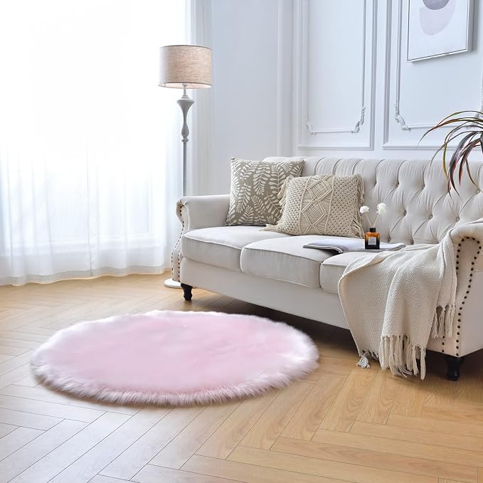 duduta Pink Faux Sheepskin Round Rug 4x4 ft, Fluffy Shag Fur Bedroom Nursery - Image 7